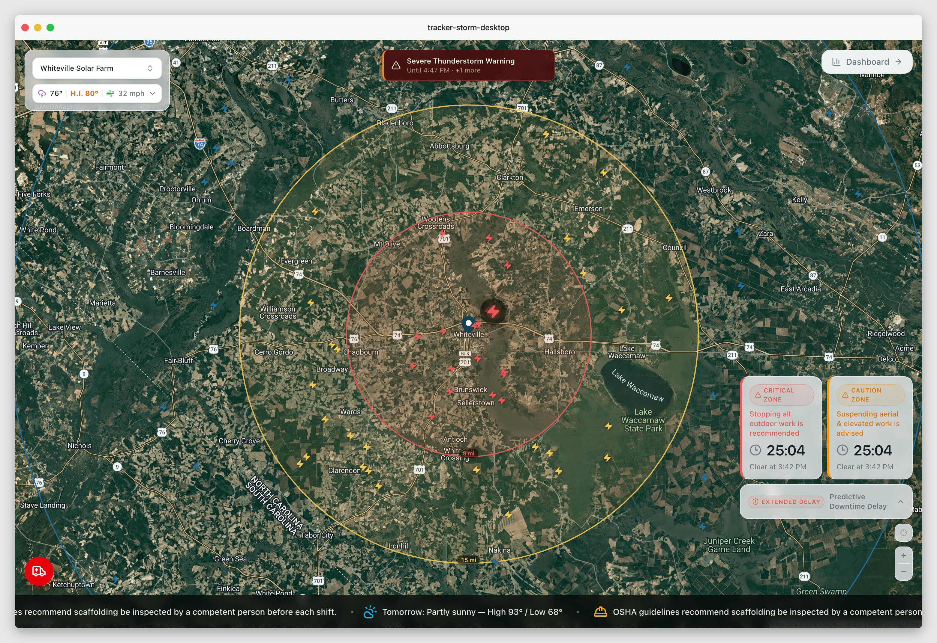 Nimbus Live Site Tracker showing live lightning map and active alerts